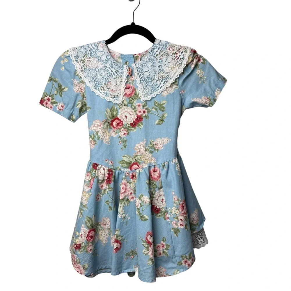 Swat VTG Little Girls Dress SZ 6 Floral Lace Ruffle Cottagecore Prairie Tie Belt - Picture 7 of 7